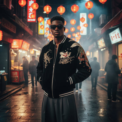 Kitsune Spirit Sukajan Bomber Jacket (Black & Red)