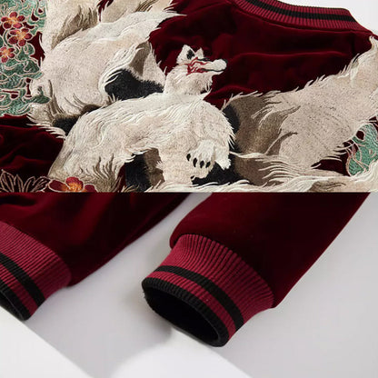 Kitsune Spirit Sukajan Bomber Jacket (Black & Red)