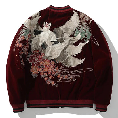 Kitsune Spirit Sukajan Bomber Jacket (Black & Red)